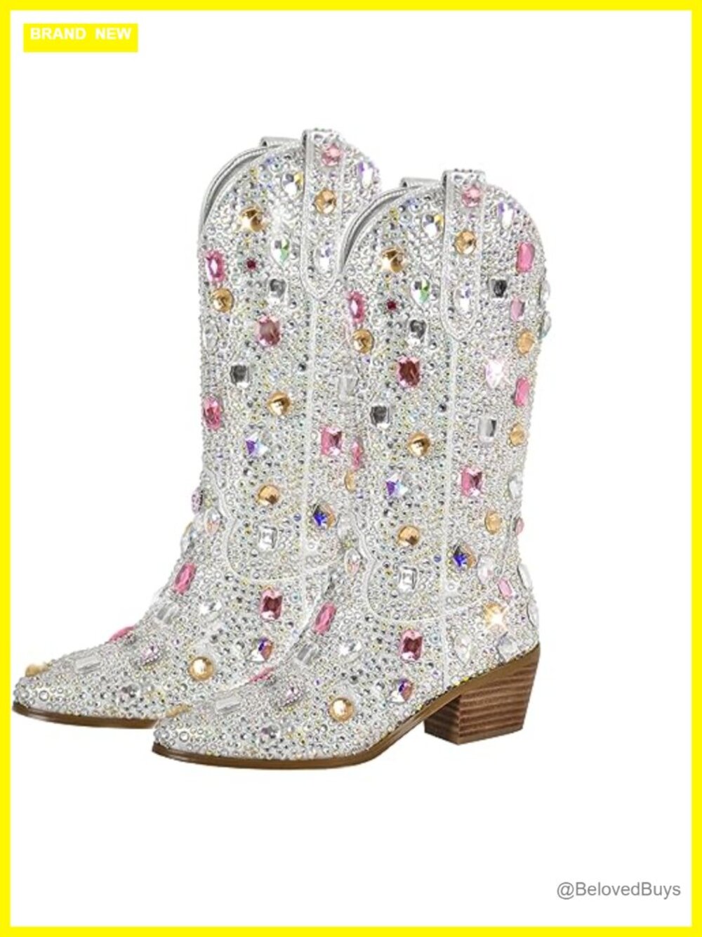 Rhinestones Sparkly Knee High Cowgirl Boots Pointed Toe Block Heel Pull On